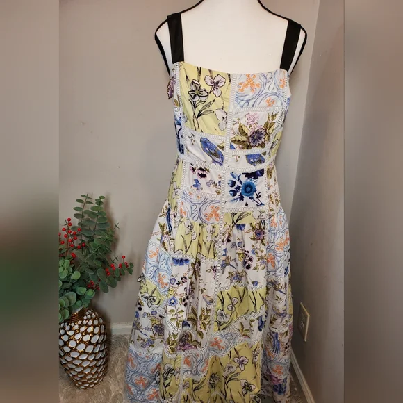 Anthropologie Maeve Cotton Sleeveless Square-Neck Tile Printed Midi Dress Sz L